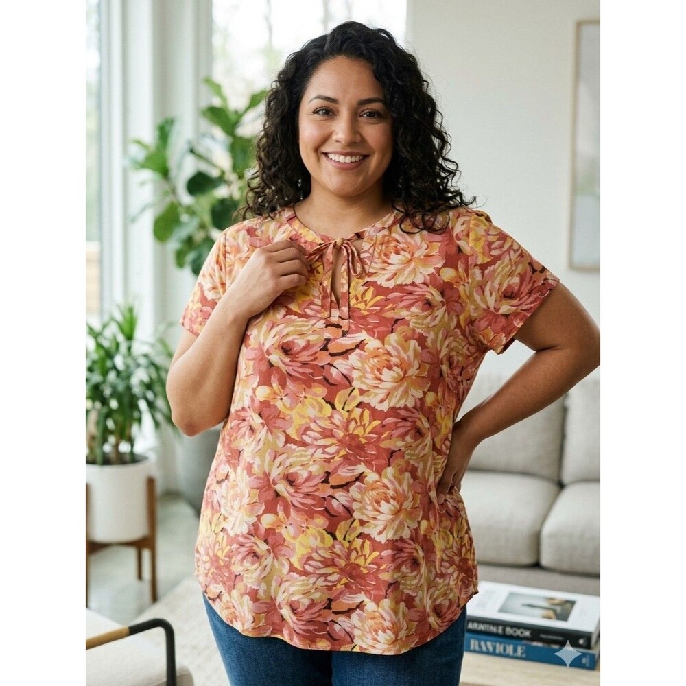 Torrid Blouse Womens vibrant pattern of rust peach and yellow Flowers Size 1X